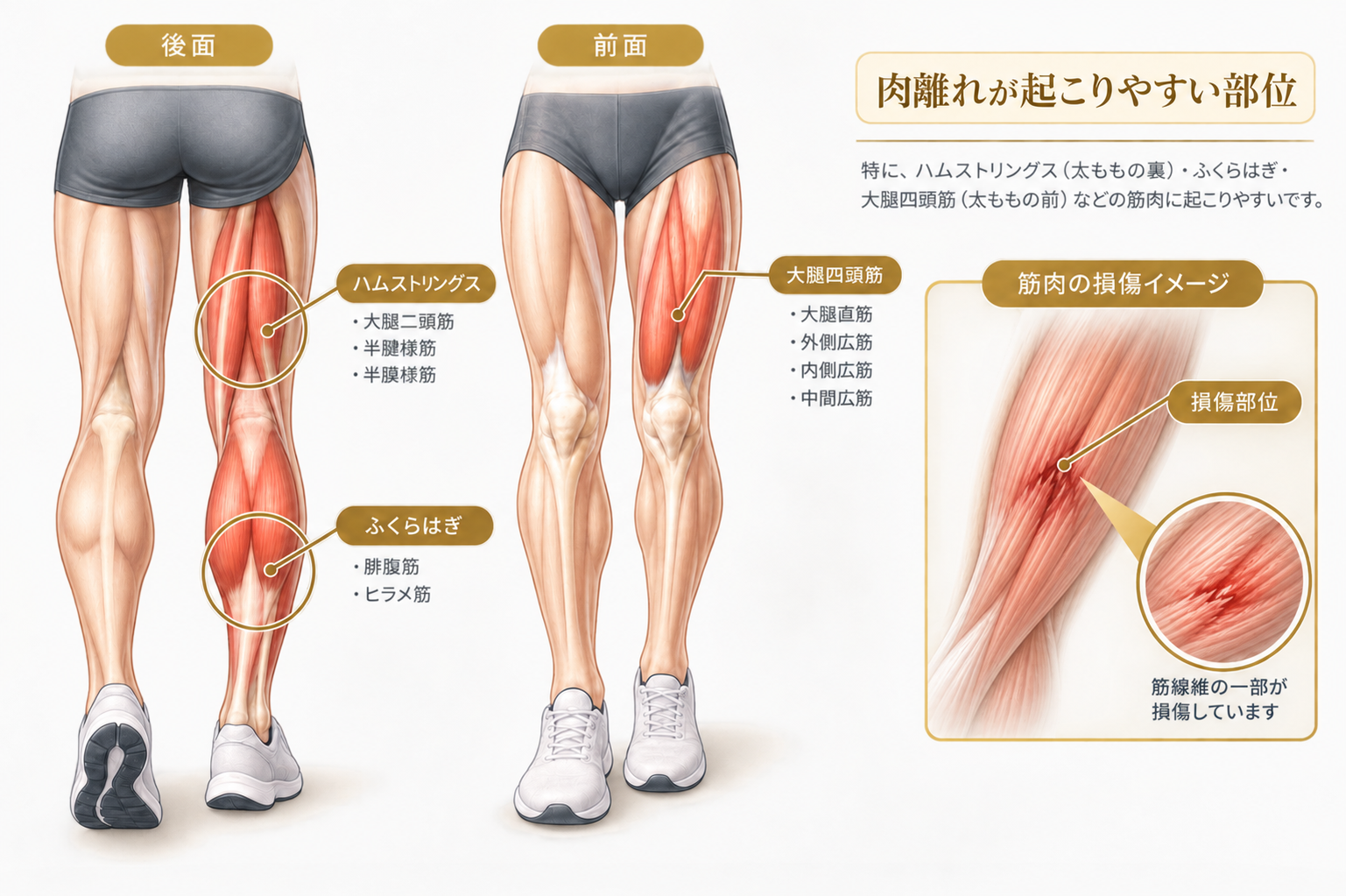 肉離れが起こりやすい筋肉と損傷部位を示した図